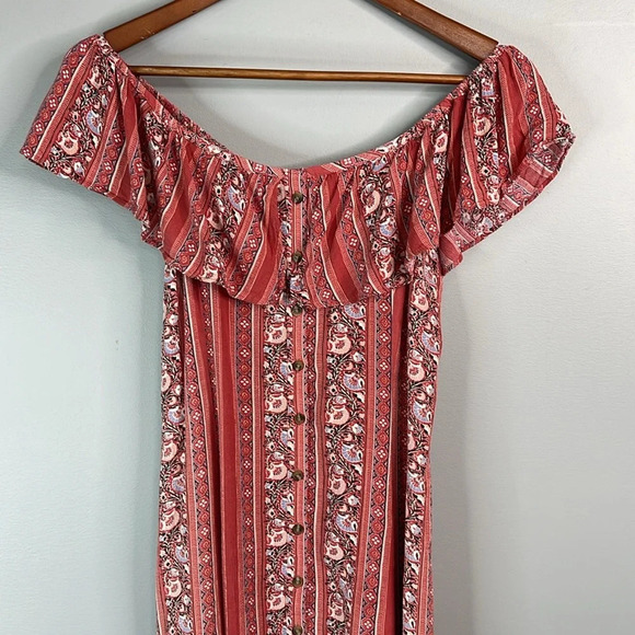 AMERICAN EAGLE Ruffled Off The Shoulder Dress Rusty Pink Fit & Flare Buttoned S - Picture 3 of 11
